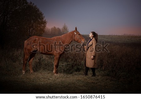 Young brunette woman in a beige coat posing with a red brown horse. Sunset sky and autumn nature. The inscription on the horse: have fun.
