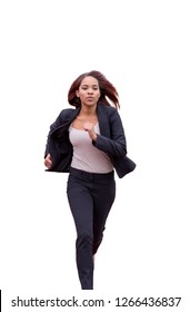 Young Brunette Woman In Black Office Clothes Running Rapidly Towards Camera. Isolated On White