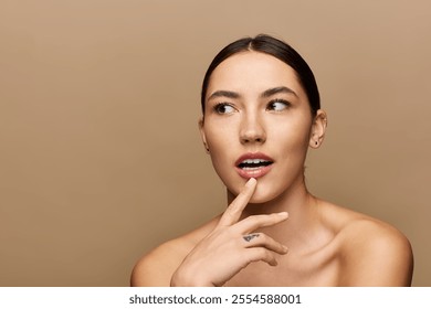 A young brunette woman with bright smile and thoughtful gaze warm the serene moment. - Powered by Shutterstock