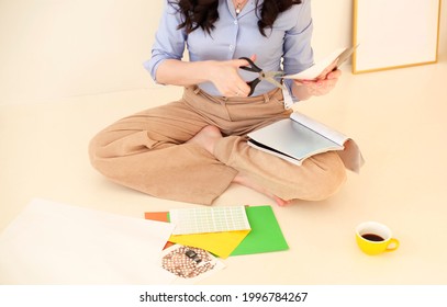 Young Brunette Woman Creating Her Feng Shui Wish Map. Dreams And Wishes