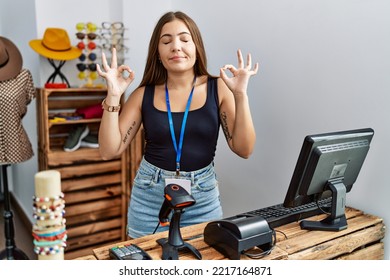 Young Brunette Woman Holding Banner With Open Text At Retail Shop Relaxed And Smiling With Eyes Closed Doing Meditation Gesture With Fingers. Yoga Concept. 