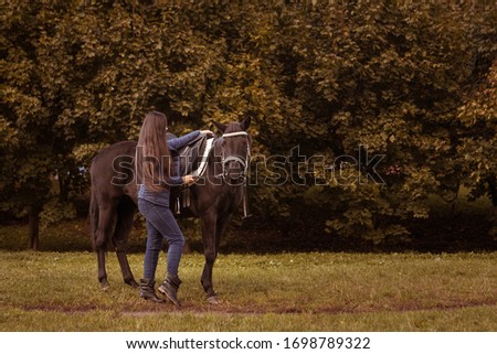 Young brunette woman with long hair posing with a brown red horse in a forest in a sunny meadow
