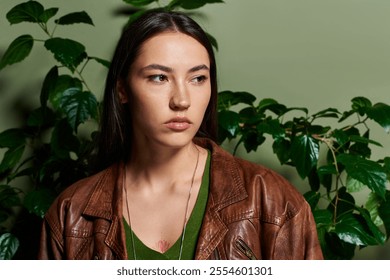 A young brunette woman thoughtfully gazes amid vibrant green leaves, exuding elegance. - Powered by Shutterstock