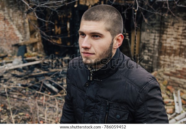 Young Brutal Man Short Haircut Beard People Stock Image