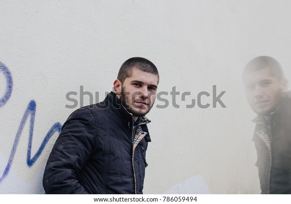 Young Brutal Man Short Haircut Beard People Stock Image