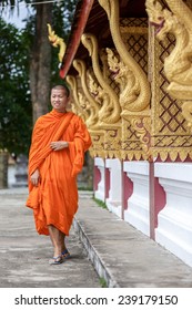 Young Buddhist Monk Walking And Smiling To The Camera. Looking Away