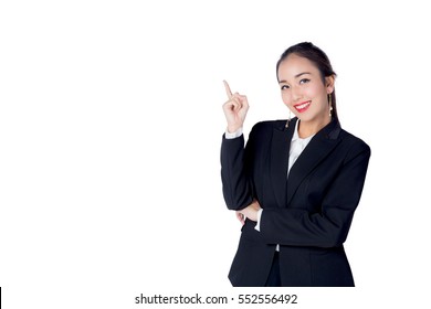 Young Buisness Woman With Finger Point Up On White Background