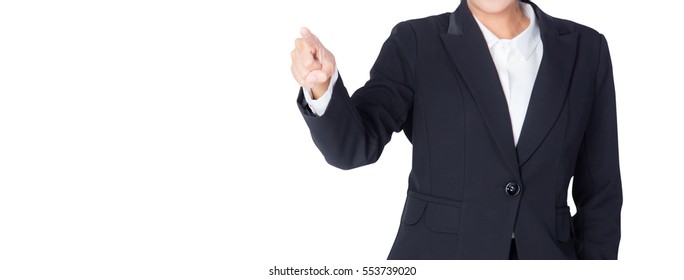 Young Buisness Woman With Finger Point Up On White Background