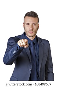 A Young Buisnessman Pointing Finger At You Isolated On A White Background