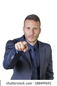 A Young Buisnessman Pointing Finger At You Isolated On A White Background