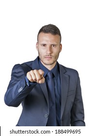 A Young Buisnessman Pointing Finger At You Isolated On A White Background