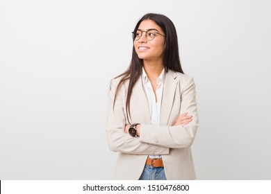 Young Business Arab Woman Isolated Against A White Background Smiling Confident With Crossed Arms.