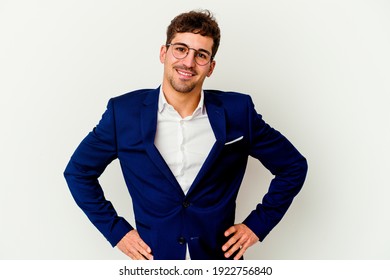 Young Business Caucasian Man Isolated On White Background Confident Keeping Hands On Hips.