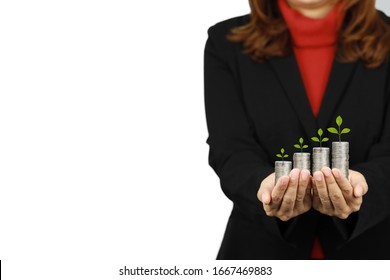 Young Business Confident Woman Wearing Black And Red Business Suit Uniform Holding Stacking Coins With Plant, Meaning Of Growing Or Saving Money On White Background Studio (business Growth Concept)