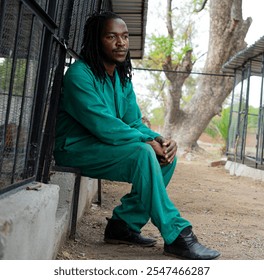 Young business farmer with dreadlocks, dressed in a green work suit, seated on a fowl run made of mesh wire and bricks.The fowl run is home to several chickens under his project. - Powered by Shutterstock