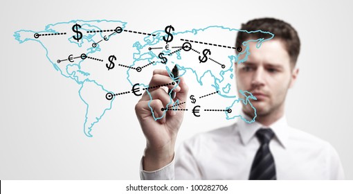 Young business man drawing a global network with Dollar Signs on world map.  The metaphor of international communication around the world. On a gray background. - Powered by Shutterstock