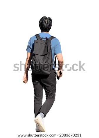 Young business man entrepreneur student with stylish black backpack in motion. Cut out guy walking in the fresh air with a phone in his hand. Cut out people for 3d renders, architecture and ads