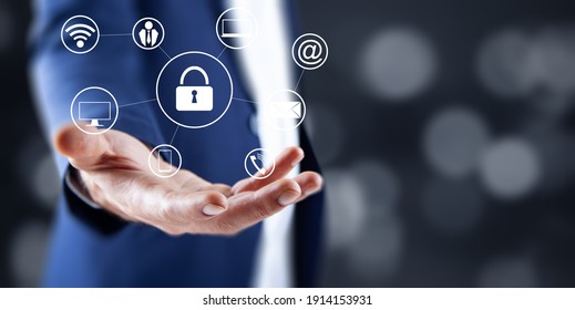 young business man holding lock network.