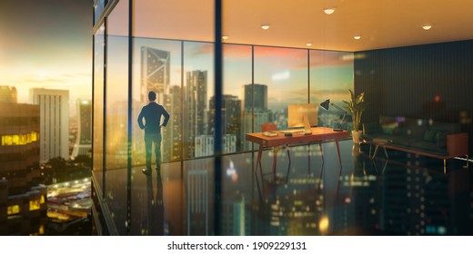 Young business man standing in the 3d rendering office watching the modern city sunrise view, view from the outside. Business ambition concept.