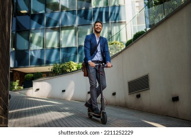 Young business man in a suit riding an electric scooter on a business meeting. Ecological transportation concept - Powered by Shutterstock