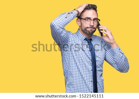 Image, Stock Photo Man speaking over the retro telephone