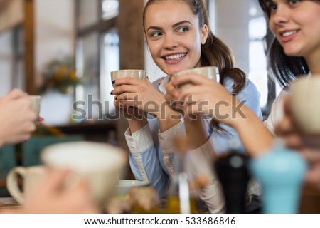 Young Business People Group Drink Coffee Sitting Cafe Table, Woman Hold Cup Smiling Talking