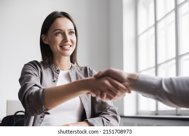 Young business people shaking hands in office. Handshake, finishing successful meeting. Business etiquette, congratulation, meeting, job interview, new business, startup, employee, teamwork concept