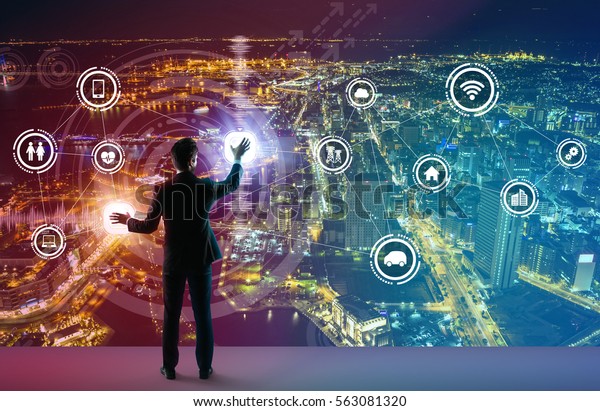 young business\
person and graphical user interface concept, Internet of Things,\
Information Communication Technology, Smart City, digital\
transformation, abstract image\
visual