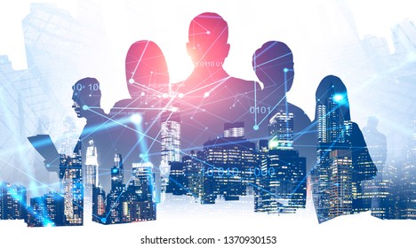 Young Business Team Working With Documents And Collaborating Over Skyscraper Background With Digital Interface. Hi Tech Startup Concept. Toned Image Double Exposure