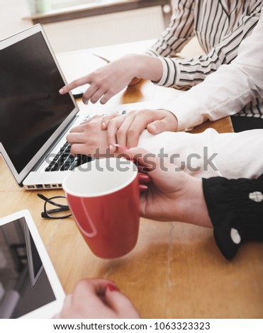 Image, Stock Photo young startup employees discuss at their desks