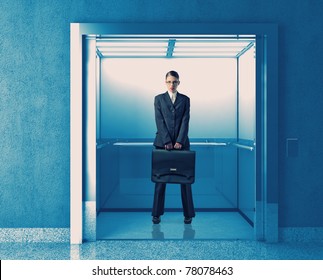 Young Business Woman In 3d Elevator