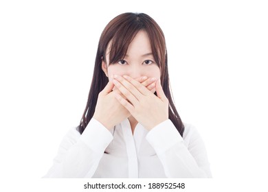 young business woman covering her mouth, isolated on white background  - Shutterstock ID 188952548