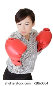 Young business woman fighting, closeup portrait on white background.
