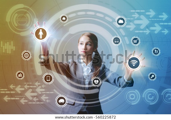 young business woman and\
futuristic graphical user interface concept, Internet of Things,\
Information Communication Technology, Heads up display, abstract\
mixed media