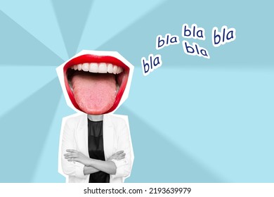 Young business woman headed by wide open mouth shows tongue with text bla bla on blue color background. Trendy collage in magazine style. Contemporary art. Modern design. Gossip girl, rumors, chatter