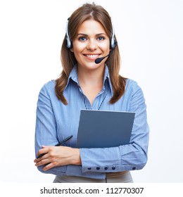 Young Business Woman With Headset. Isolated Portrait.