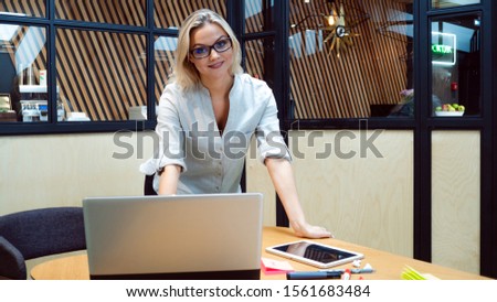 Similar – Image, Stock Photo Woman with laptop drinking coffee