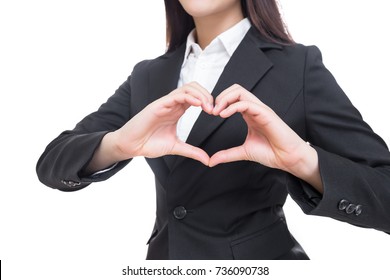 Young Business Woman Made Heart Shape By Her Hands Isolated On White Background.