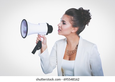 Young business woman with megaphone isolated on white background