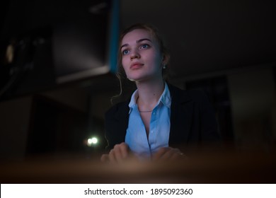 Young Business Woman Office Worker Sitting Near PC Working At Late Night