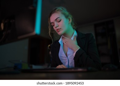 Young Business Woman Office Worker Sitting Near Pc At Late Night With Sore Throat