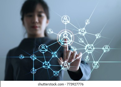 Young Business Woman Touching Icon People Networking On Virtual Social Media Connecting, Business Network Community Concept