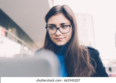 Young business woman using computer remote working - business, technology, communication concept