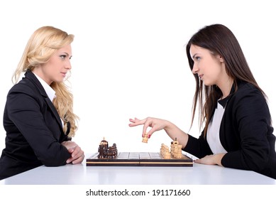 Young Business Women Playing Chess Isolated On White Background