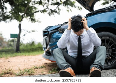 Young businessman calling for roadside assistance next to his broken down car on rural road. Concept of car trouble and assistance. - Powered by Shutterstock