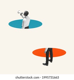 Young businessman, clerk with megaphone isolated on light background. Blue and orange circles. Contemporary art collage. Inspiration, idea, trendy. Concept of professional occupation, business, ad. - Shutterstock ID 1995731663