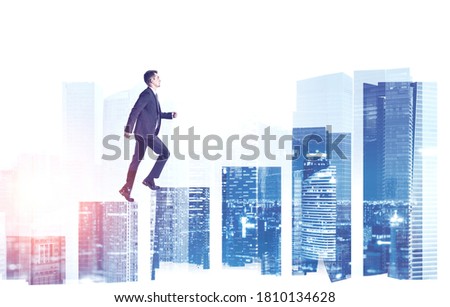 Young businessman climbing growing graph in city. Concept of financial success and career growth. Toned image double exposure