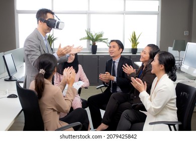 Young businessman is developer design testing of connection metaverse on vr realistic in the office, development global of engineer for creative application with collaboration, business concept.