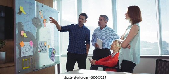 Young businessman discussing with colleagues over whiteboard at office