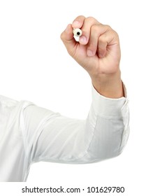 Young businessman drawing something on screen with a pen isolated over a white background